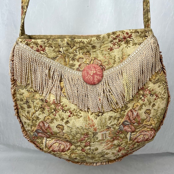 Vintage Daphne Canvas Tassel Pastel Crossbody Purse Cottage Fringe Pink Antique - Picture 2 of 10
